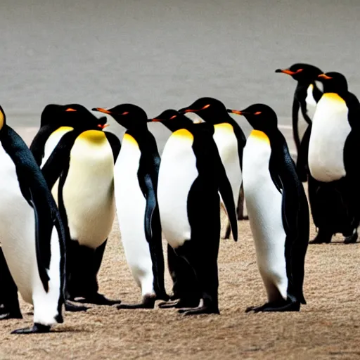 Image similar to A photo of a mafia meeting between penguins wearing pinstripe suits