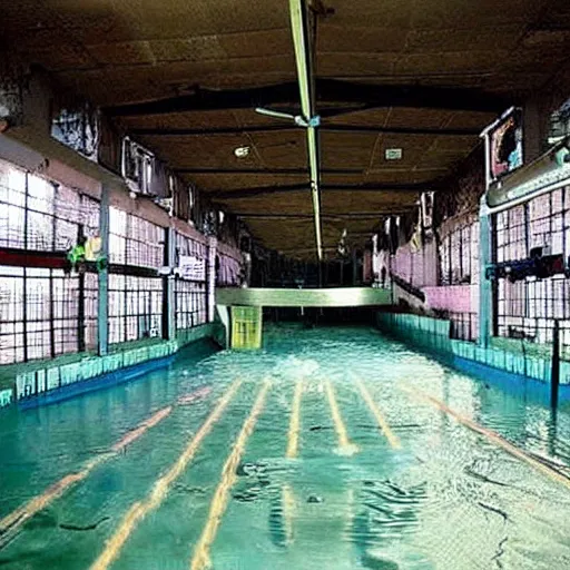 Prompt: an indoors waterpark. creepy, flooded, empty, abandoned. craiglist photo.