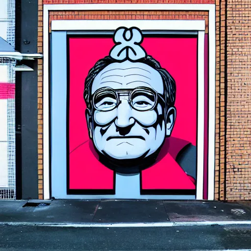 Prompt: robin williams street art mural by supreme x kaws x haruki murakami : 1 high contrast, hard edges, matte painting, geometric shapes, masterpiece : 1