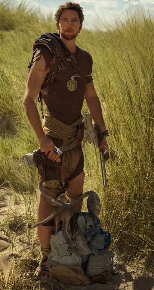 Prompt: movie still of a snake - human hybrid exploring a dune with treasure in his backpack and a sword in his hand, 4 k, detailed, landscape, realistic, polariod