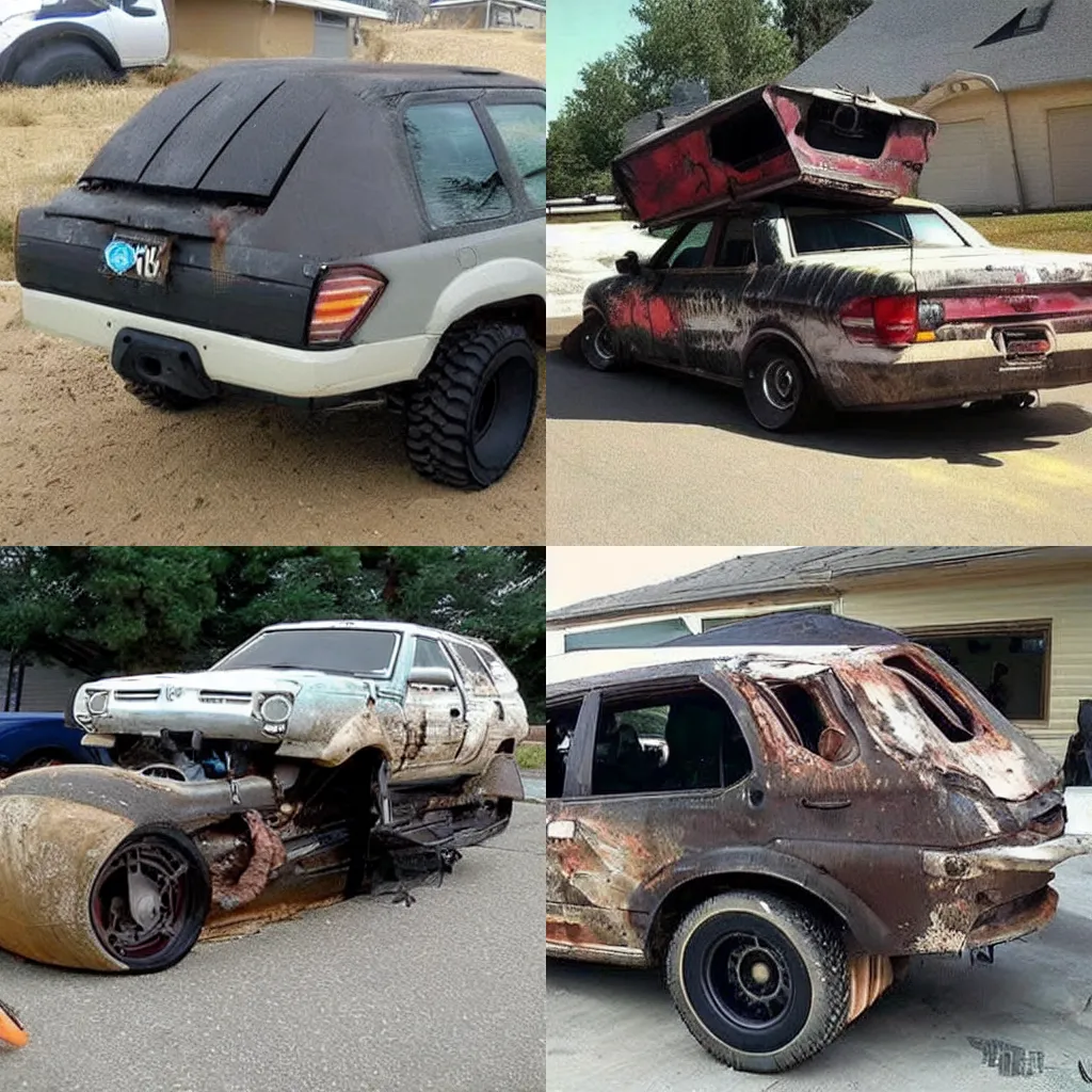 Prompt: extreme shitty car mods, redneck engineering, mechanic was shocked