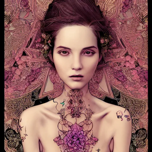Image similar to the portrait of an incredibly beautiful and elegant woman made of potatoes roots and violets, an ultrafine detailed illustration by james jean, final fantasy, intricate linework, bright colors, behance contest winner, vanitas, angular, altermodern, unreal engine 5 highly rendered, global illumination, radiant light, detailed and intricate environment