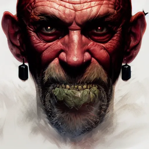 Image similar to portrait of a red bald man with black eyes and a black teeth, horror, glowing eyes, by Stanley Artgerm Lau , greg rutkowski, thomas kindkade, alphonse mucha, loish, norman rockwell. Trending on artstation detailed illustration hd 4k