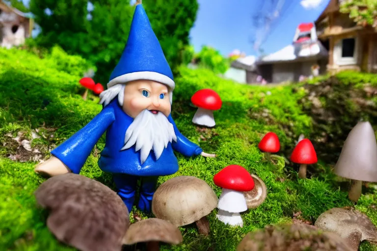 Image similar to tom hanks, anime gnome, on doorstep, mushroom house, lush green plants, flowers, hyper realism, macro shot, blue sky, sunny