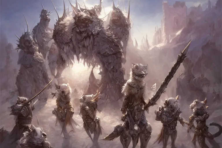 Prompt: dungeons and dragons fantasy painting, close order phalanx of mice spartans, 3 0 0, whimsical and cute, determined expressions, watery blue eyes, anime inspired, white fur, tufty whiskers, steel blades, dawn lighting, at thermopolae by brain froud jessica rossier and greg rutkowski
