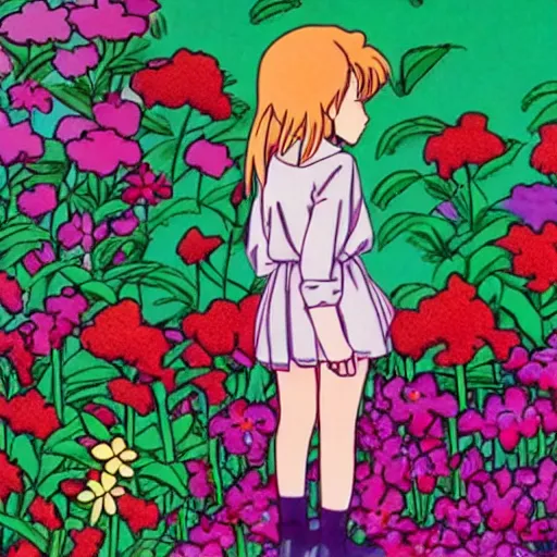 Image similar to girl staring out a window at a sea of flowers, 80s style anime