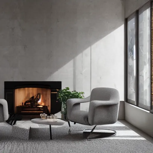 Image similar to two armchairs sitting in front of a cosy fireplace, modern home design interior, octane render, hyperrealistic, concrete archetecture, vray, volumetric lighting, cinema 4 d, unreal engine