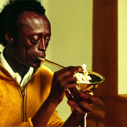 Image similar to miles davis eating popcorn, photorealistic, hd, 4 k, award - winning