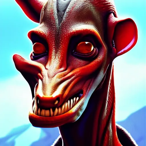 Image similar to jar jar Binks, perfect eyes, full body shot, portrait, vivid colors, elegant, concept art, sharp focus, digital art, Hyper-realistic, 4K, Unreal Engine, Highly Detailed, HD, Dramatic Lighting by Brom, trending on Artstation