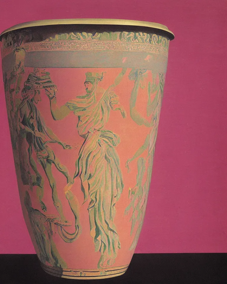 Image similar to achingly beautiful print of intricately painted ancient greek krater on a pink background by rene magritte, monet, and turner.