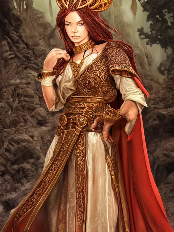 Prompt: sideview of a dnd young priestess in a temple, earth attuned, brown robes, skintight, cloak, alluring, light brown skin, red hair, happy, metallic brass accessories, spellcasting, high fantasy, detailed face, highly detailed, sharp focus, smooth, digital illustration, by clyde caldwell