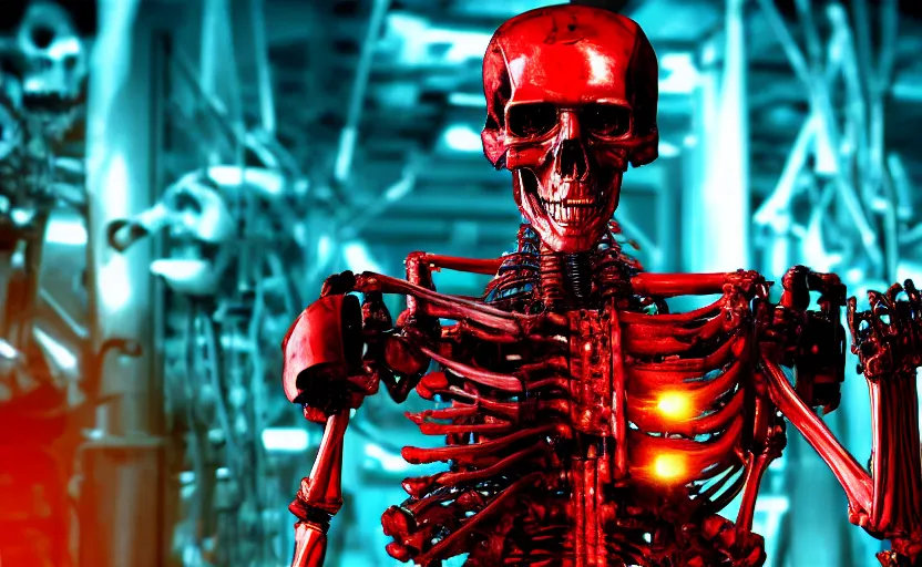 Prompt: terminator skeleton, skynet servers on background. extreme long shot, high detail, low saturated red and blue light, cinematic colors