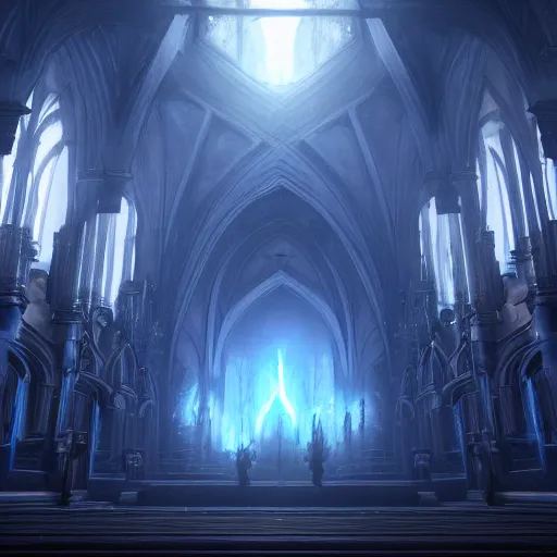 Image similar to a huge dark eldritch cathedral filled with blue ray traced light by WLOP and tony sart and bekinski, god rays, fantasy art, 4k, HDR, photorealistic, 8k, trending on artstation