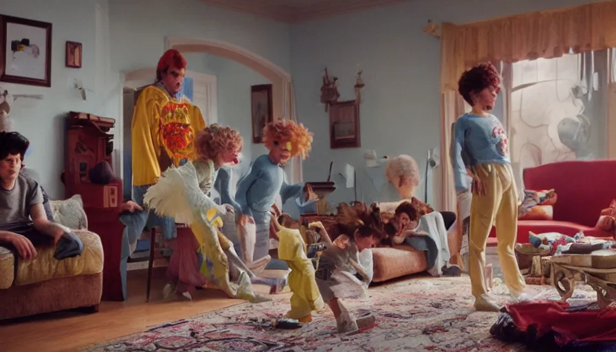 Image similar to movie still by alejandro jodorowsky of a beautiful day in a family living room in suburban usa, visible magic energy, dream creature costumes, floating planets, fish, parade floats, cinestill 8 0 0 t eastmancolor technicolor, high quality, very detailed, heavy grain, fine facial features, 8 k, octane render