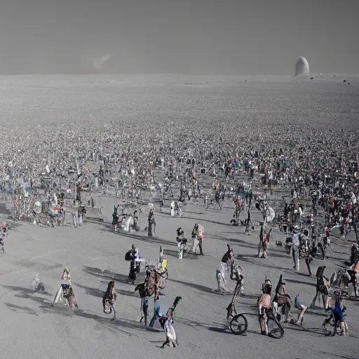 Prompt: photograph of a packed concert burning man on the surface of the moon