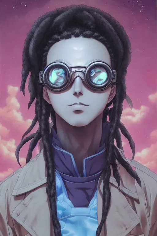 Image similar to portrait of an anime manga guy with dreads and goggles, straight on portrait, by artgerm, james jean, tom bagshaw, gerald brom, vaporwave colors, lofi colors, vaporwave, lofi, goth vibe, 4 k, smooth, hd, substance designer render, full body character concept art, symmetrical,