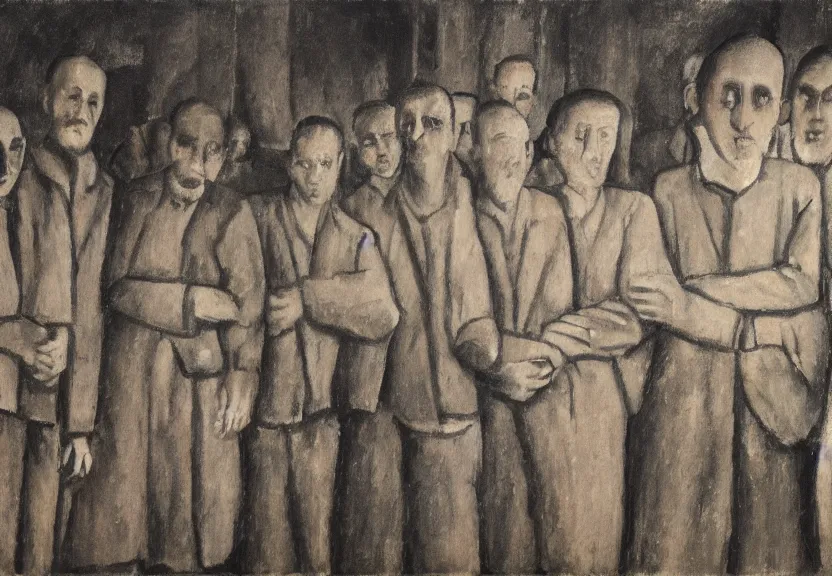 Prompt: realistic scene in auschwitz concentration camp with jewish prisoners by modigliani, dark fantasy, highly detailed, high contrast, 4 k, trending on artstation, award - winning