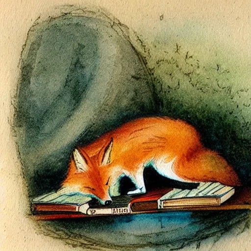 Prompt: a fox sleeping on a pile of books, watercolors from 1 9 2 0