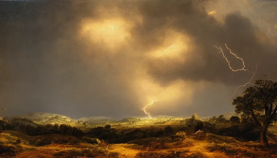 Prompt: A beautiful, highly-detailed oil painting of a rainy landscape; with lightning striking a lonely oak tree