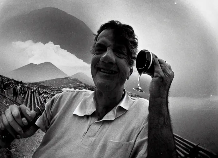 Image similar to quality old photo of average greeks drink wine and have fun against the backdrop of mount vesuvius starting to erupt by sebastian salgado, fisheye 4, 5 mm, diffused backlight