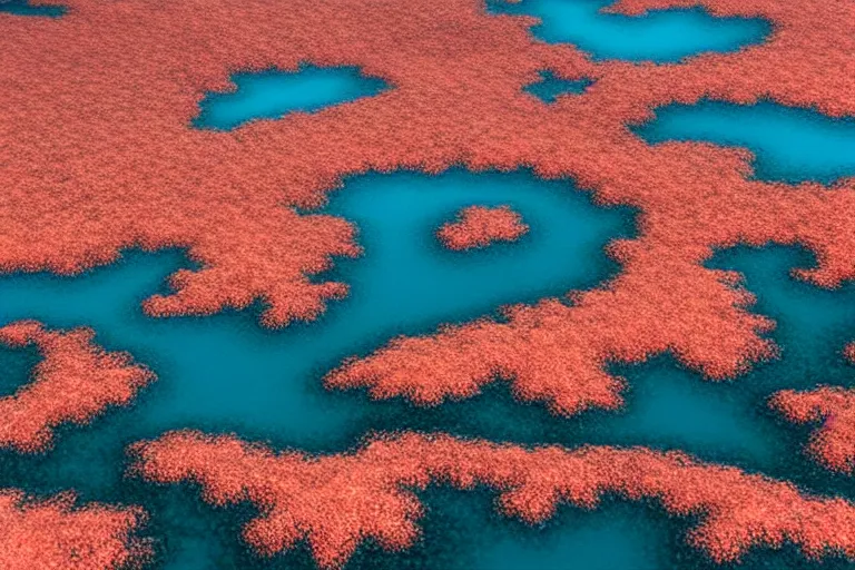 Image similar to “ aerial view of a vast landscape completely made of coral, vivid, high detail, concept art. ”