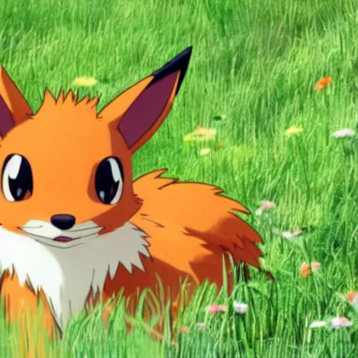 Prompt: 📷 Eevee, the evolution fox Pokemon, looks curiously at you from a grassy field ✨