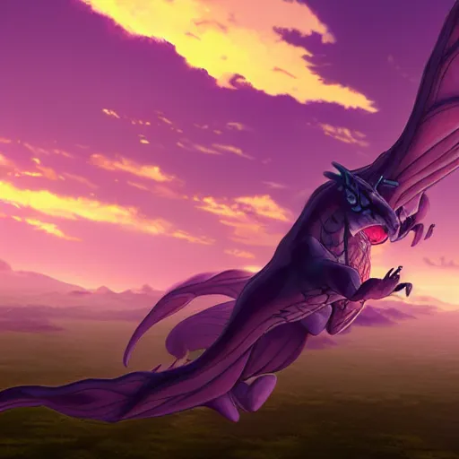 Prompt: serpentine dragon flying through the purple sunset sky, volumetric lighting, highly detailed, 4k, anime scenery by Makoto Shinkai.