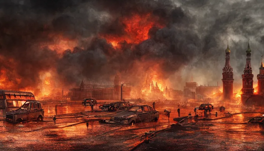 Image similar to A detailed render of a post apocalyptic scene of Fire and explosions on Red Square and the Kremlin, burned down rusty Moscow buses in flood water, sci-fi concept art, nuclear mushroom, lots of fire, panic, dark, clouds, 8k, high detail, advanced rendering whimsically designed art, 4k post-processing highly detailed, Soft illumination