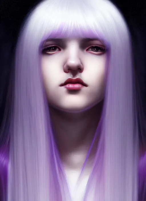 Image similar to hair whitebangs hair, black hair, whitebangs, portrait of teenage girl with white bangs, red irises, purple clothes, white bangs, bangs are different color from hair, intricate, elegant, glowing lights, highly detailed, digital painting, artstation, concept art, smooth, sharp focus, illustration, art by wlop, mars ravelo and greg rutkowski