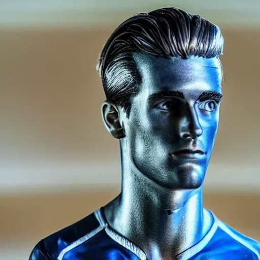 Image similar to “ a realistic detailed photo of a guy who is an attractive humanoid who is half robot and half humanoid, who is a male android, soccer player antoine griezmann, shiny skin, posing like a statue, blank stare, at the museum, on display ”