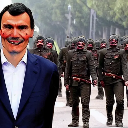 Image similar to spanish president pedro sanchez leading an army of the undead in a post - apocalyptic world