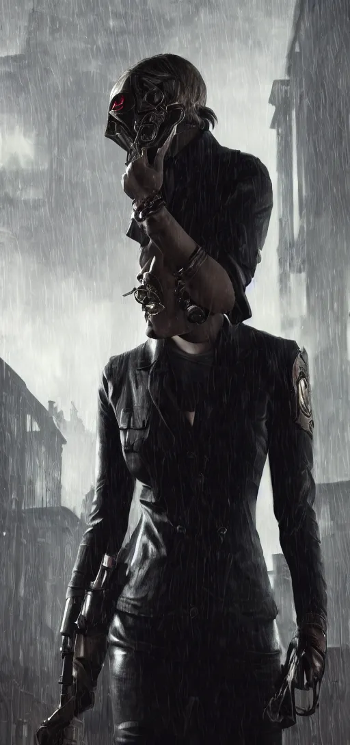 Prompt: annie leonhart in dunwall city wearing corvo attano's mask using blink, redshift render, cinematic lighting, rainy weather, melancholy atmosphere, dunwall city, volumetric light, octane render, dishonored game, dishonored 1, gothic architecture, realistic reflections, octane render 8 k, air shot