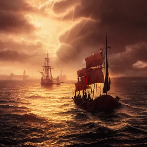 Image similar to portrait of a ship on the sea with a medieval woman ship pilot from behind, dramatic golden sunset with storm clouds, wearing shiny breastplate, dynamic lighting, hyperrealistic, artstation