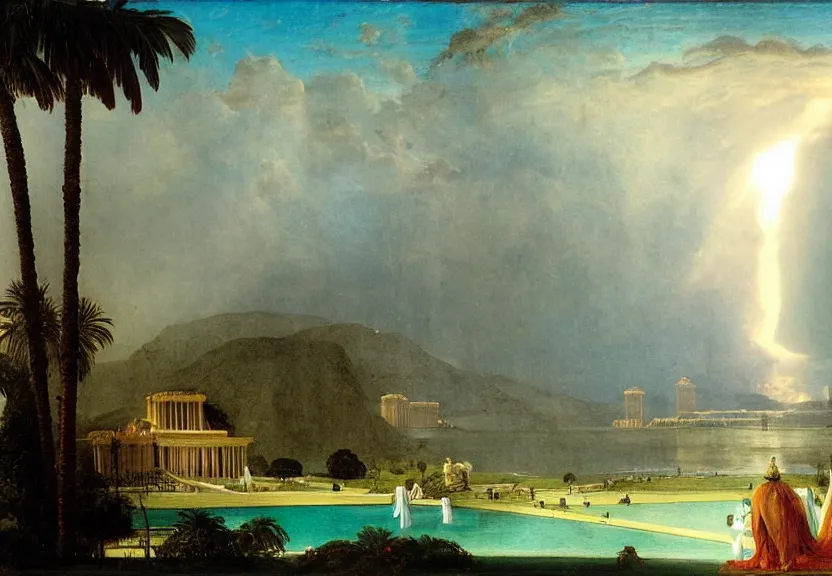 Image similar to Palace floating in the sky, 1km tall, thunderstorm, greek pool, beach and palm trees on the background major arcana sky, by paul delaroche, hyperrealistic 4k uhd, award-winning, very very very detailed