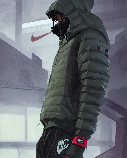 Image similar to Medium shot of a character wearing Nike ACG+Acronym+Riot Division in the style of greg rutkowski