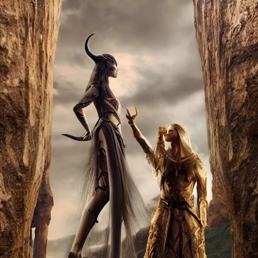 Image similar to an elven woman with a giant and standing behind her