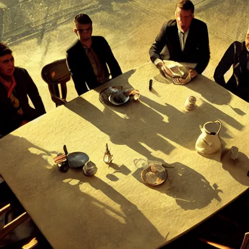 Image similar to a table with 1 0 people all sitting, buisness, vintage decor, illumanati, serious, craig mullins, warm sunlight threw the roof, dust particles illuminated in the sun beam,