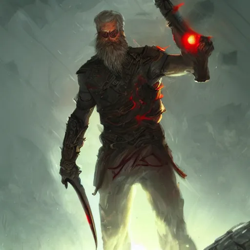 Prompt: A man with red glowing eyes and a beard and a giant sword killing monsters badass , digital art , trending on artstation , Hyperdetailed , CGSociety