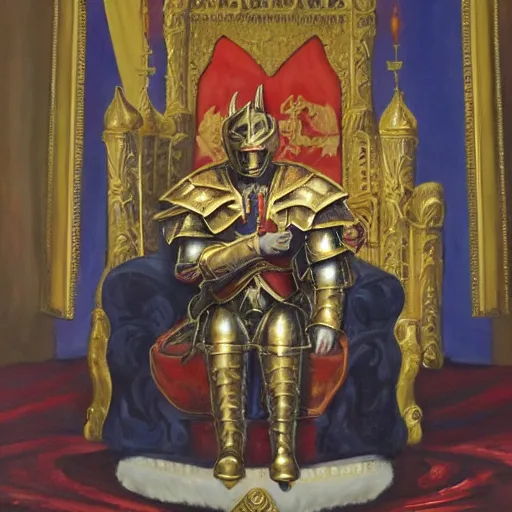 Image similar to oil painting of trump in midevil armor in castle on throne