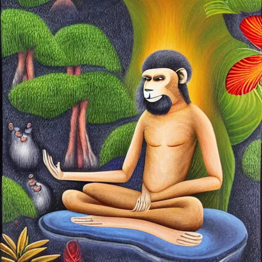 Image similar to an anthromorphic monkey man meditating in a zen garden with a waterfall, by amanda clark and amanda sage in a psychedelic style, oil on canvas