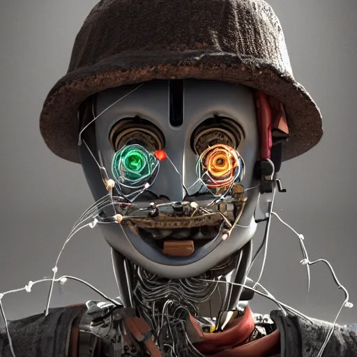 Image similar to a detailed portrait of a vagabond robot in dessert rags, 4 k, exposed wires, sci - fi, advanced technology, ai