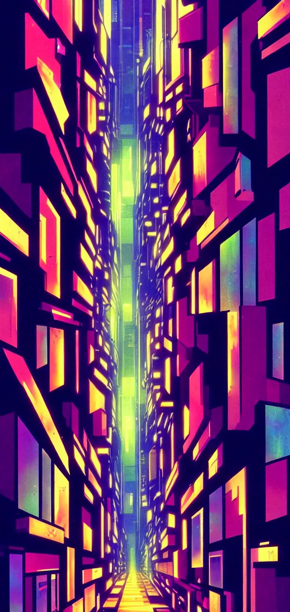 Image similar to post - minimalism, cyberpunk, abstract, slight cubism influence, bladerunner alley, iridescent, comic