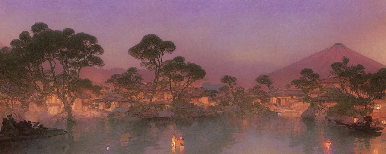 Image similar to a beautiful painting of an ancient japanese town nearby a small river in the evening by alfons maria mucha and ivan aivazovsky, ultra detailed, volumetric lighting, pink vibe