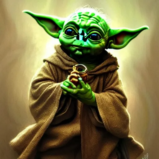 Prompt: baby yoda in the role of frodo baggins with the ring of power, intricate, elegant, highly detailed, digital painting, artstation, concept art, smooth, sharp focus, illustration, art by artgerm and greg rutkowski and alphonse mucha and william - adolphe bouguereau
