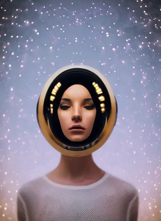 Prompt: photograph portrait of a very pretty!!! woman! symmetric face, petzval lens. out of focus, look at the camera. amazing elegant black and gold astronaut costume!!!! futuristic helmet, led lights reflections. space. by alesio albi and george lucas and stanley kubrick