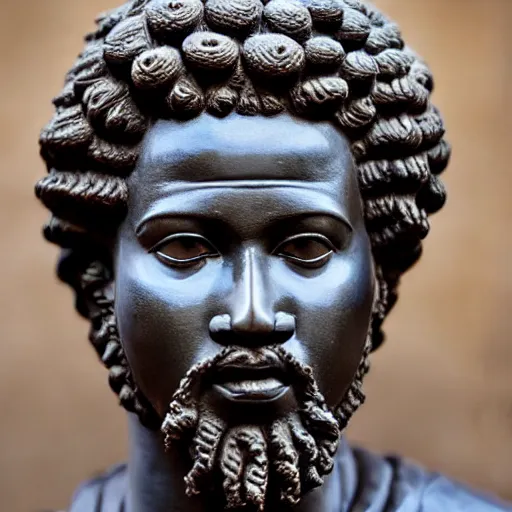 Prompt: east african man with curly hair as a marcus aurelius sculpture, intricate details, sharp focus