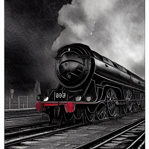 Prompt: a hyperdetailed photograph of the flying scotsman on the rails producing lots of black smoke in an old timey city, night, dense fog, rain, hd, 8 k resolution by greg rutowski, stanley artgerm, alphonse mucha