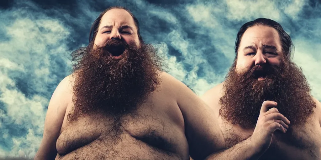 Prompt: extremely fat human beard eat our world apocalypse