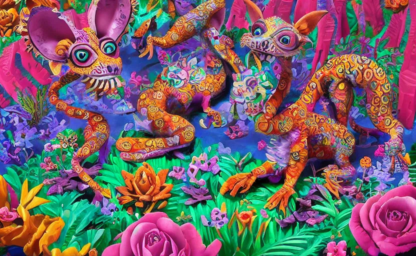 Image similar to Alebrijes” 3-D 4k ,cute single animal, digital art, Mexican folk art, Hyperdetailed, amazing background, matte painting, gouache, Martin Sandiego, Julia Fuentes, Miguel Sandiego”