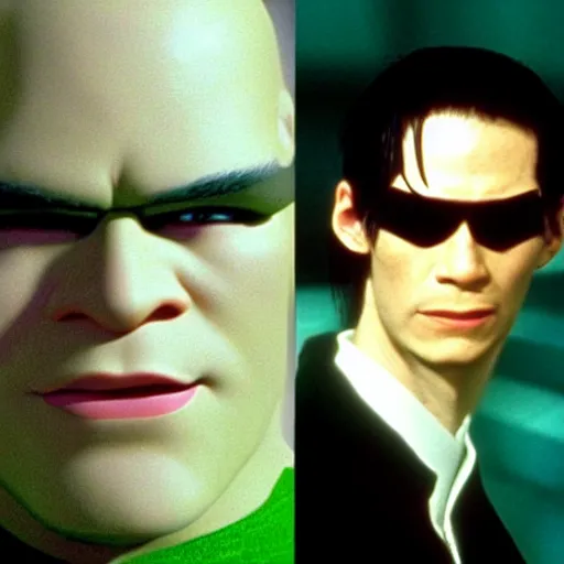 Prompt: Neo from the Matrix, Neo from the Matrix, Neo from the Matrix, Shrek as Neo, early screen test